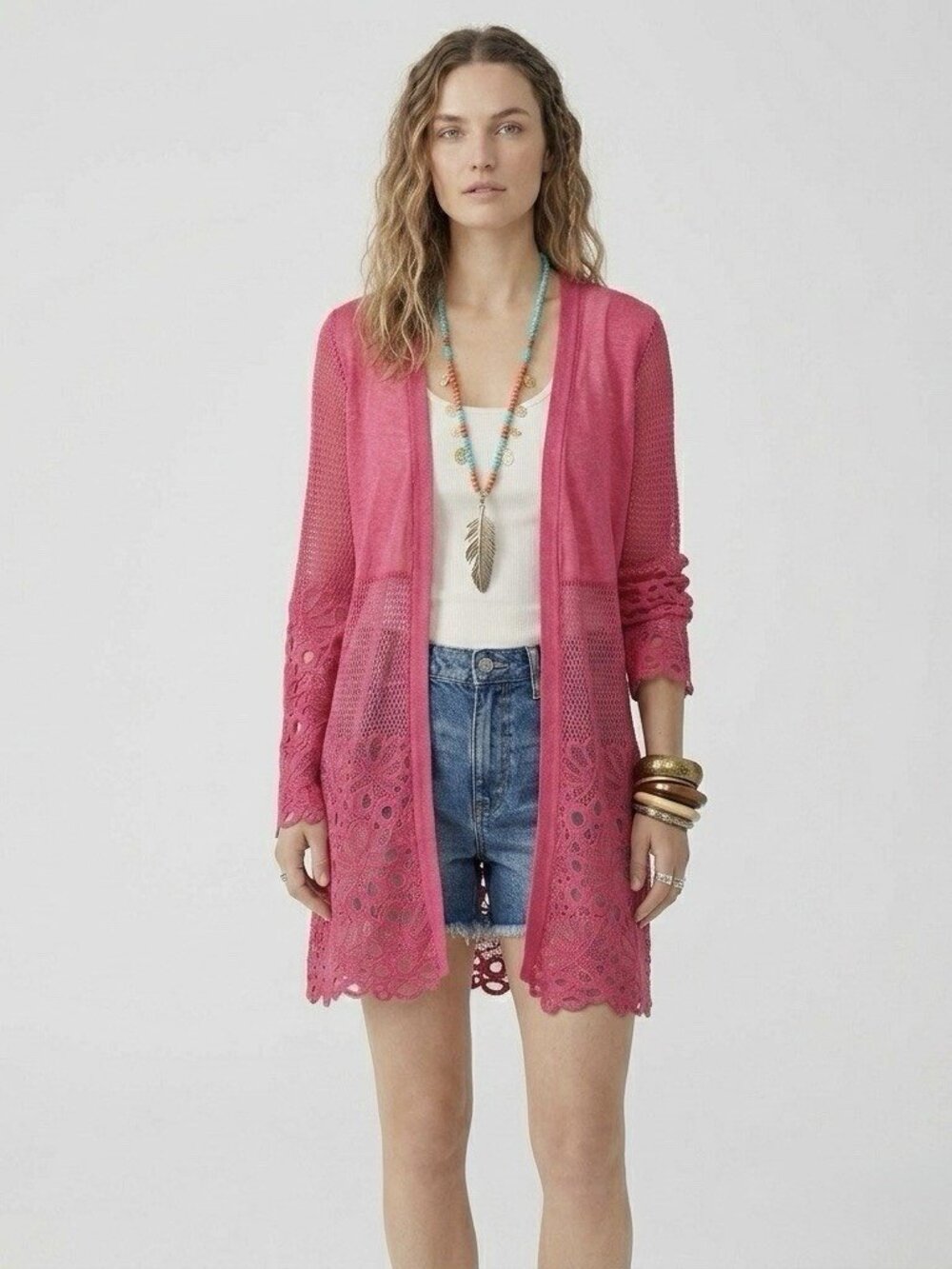 Forgotten Grace Crochet Hot Pink Open Cardigan M Sheer Knit Boho Beach Vacation